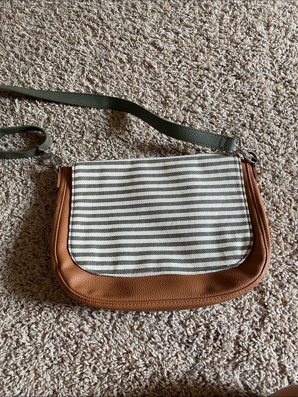 thirty-one Striped Canvas Crossbody with Brown Trim and Olive Strap